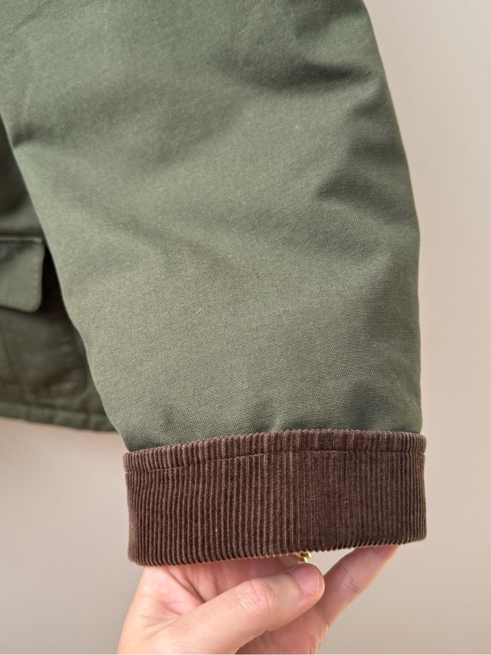 L.L. Bean Olive Green Barn Jacket with Brown Corduroy Collar - Picture 5 of 10